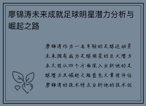 廖锦涛未来成就足球明星潜力分析与崛起之路